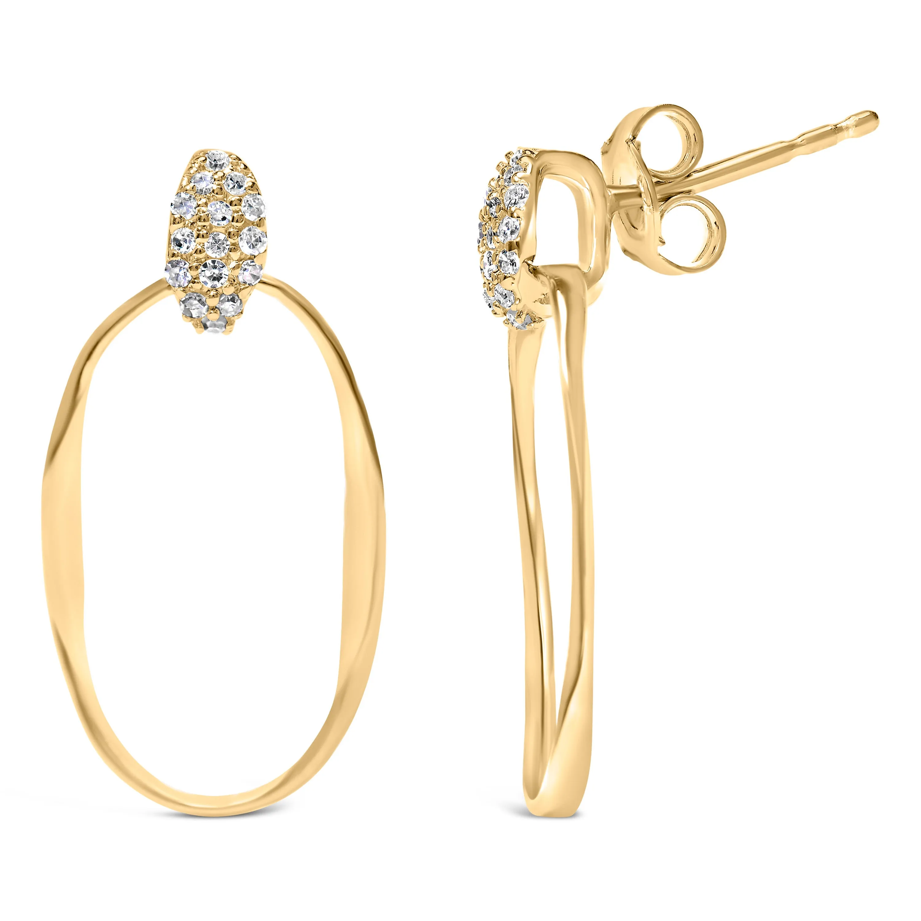 14K Yellow Gold Plated Sterling Silver 1/10 Cttw Diamond Textured Open Oval Dangle Hoop Earrings