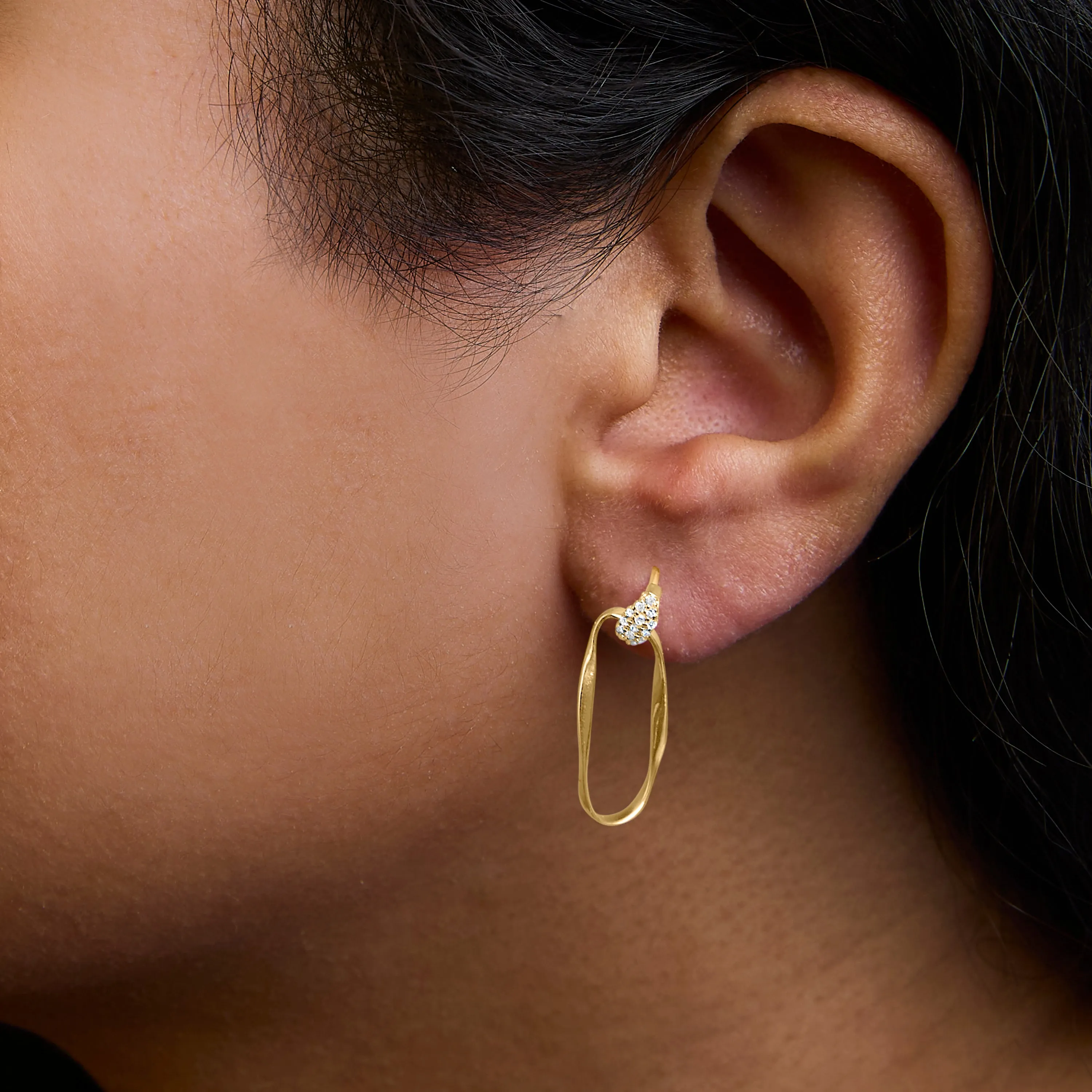 14K Yellow Gold Plated Sterling Silver 1/10 Cttw Diamond Textured Open Oval Dangle Hoop Earrings