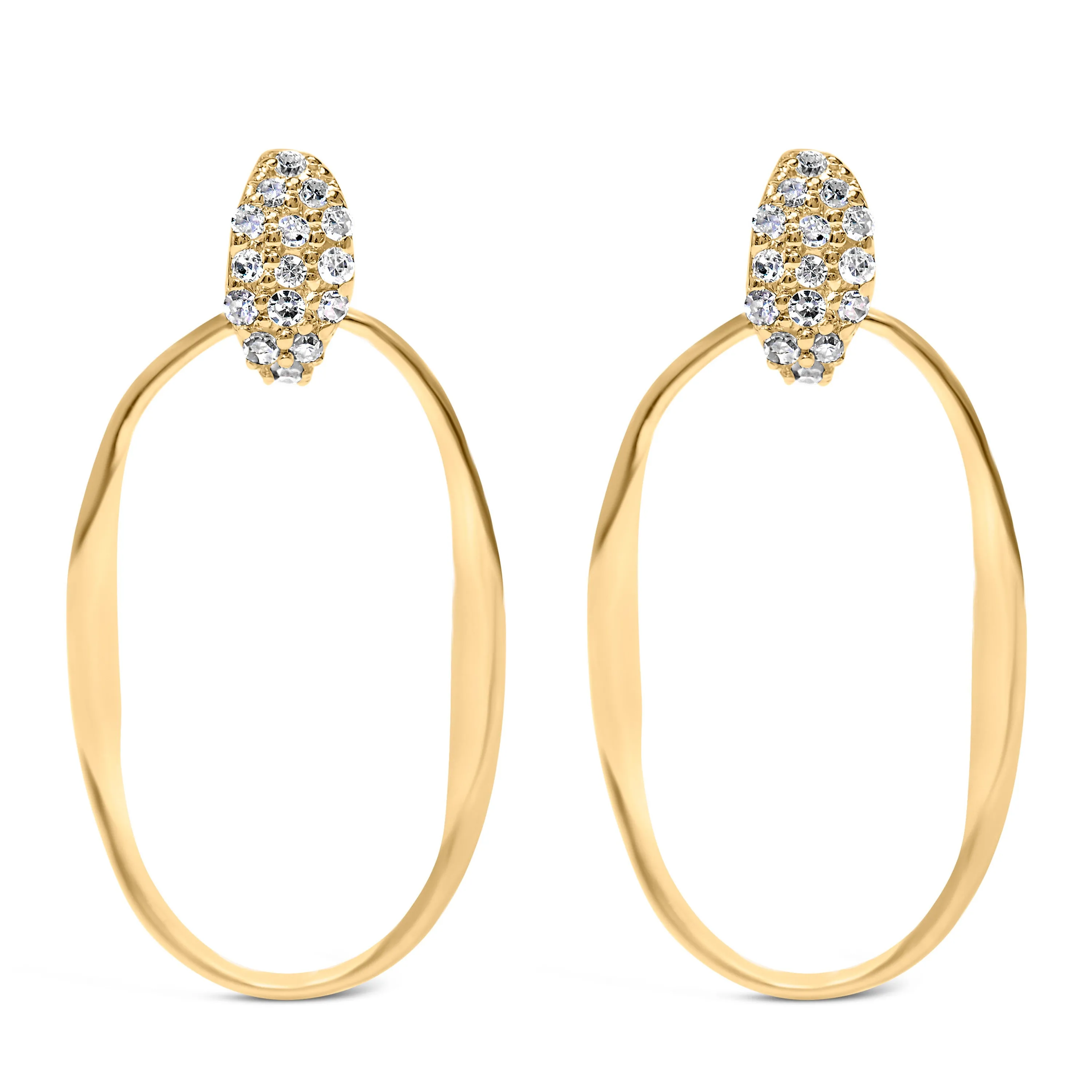 14K Yellow Gold Plated Sterling Silver 1/10 Cttw Diamond Textured Open Oval Dangle Hoop Earrings
