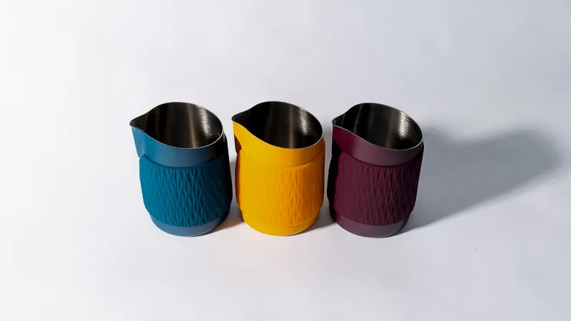 15OZ SLOW POUR SUPPLY® X WPM Monochrome Handleless Latte Art Pitcher with Soft Touch Silicone Wrap