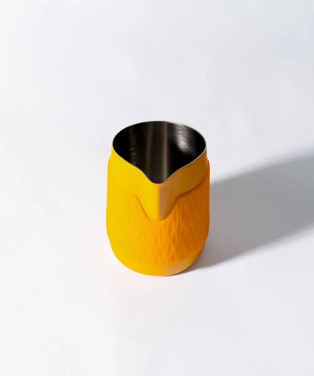15OZ SLOW POUR SUPPLY® X WPM Monochrome Handleless Latte Art Pitcher with Soft Touch Silicone Wrap