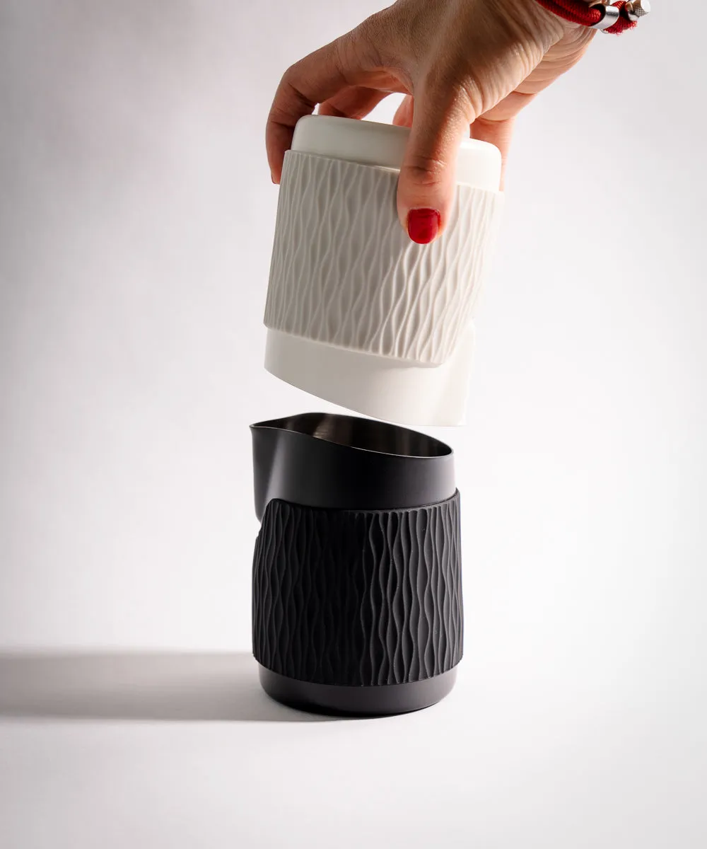 15OZ SLOW POUR SUPPLY® X WPM Monochrome Handleless Latte Art Pitcher with Soft Touch Silicone Wrap