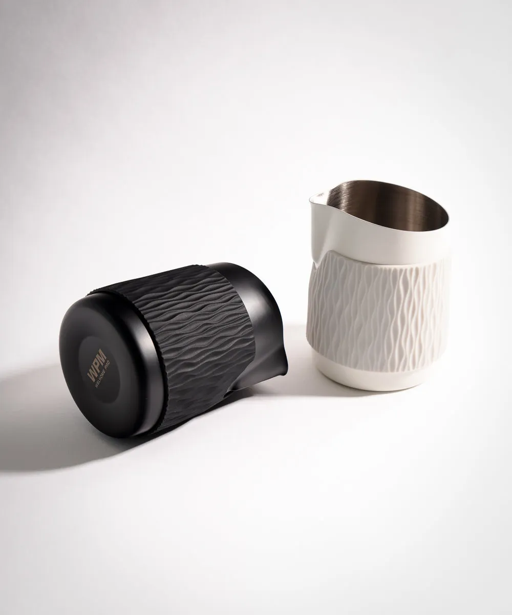 15OZ SLOW POUR SUPPLY® X WPM Monochrome Handleless Latte Art Pitcher with Soft Touch Silicone Wrap