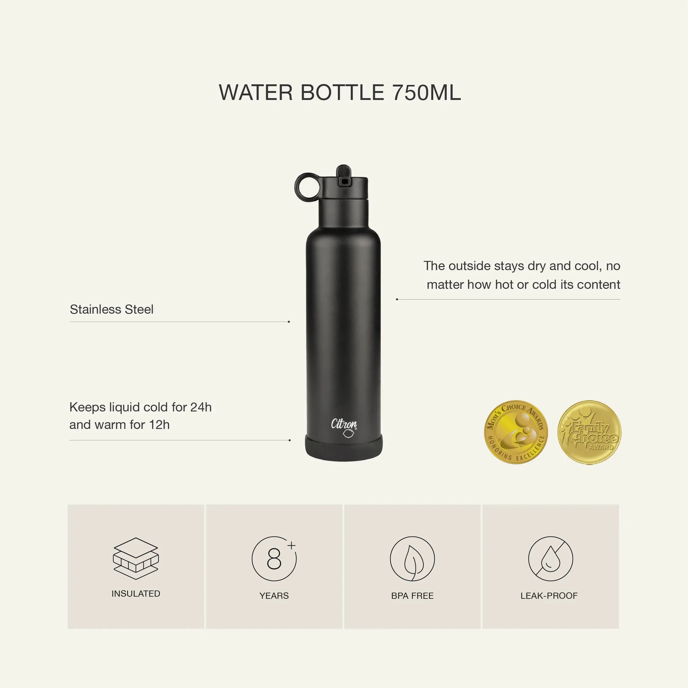750ml Insulated Water Bottle Black