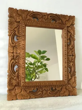 Adeez Gallery Wooden Wall Mirror Frame Size (24x30) Inch Only Frame with Out Mirror Colour Natural Brown Vintage Rectangular Floral Ornamented Wood Carved Mirror, Handcrafted Wooden Mirror Frame,