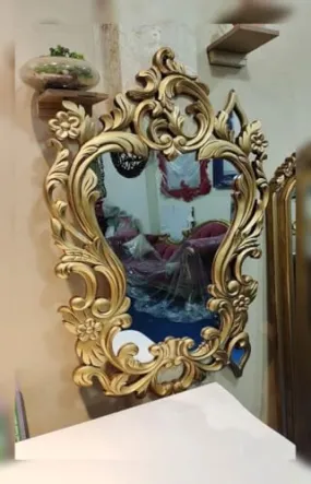 AFFIZU HANDICRAFTS Wooden Mirror Frame, Wall Hanging Mirror Frame, Hand Carved Floral Design Mirror Frame, Antique Gold Color, 36x24 Inch Without Mirror