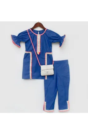 Blue Lace Detailing Denim Kurta With Pant Set