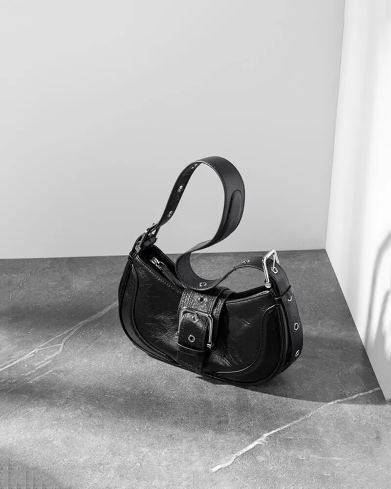 Buckle Leather Baguette Shoulder Bag