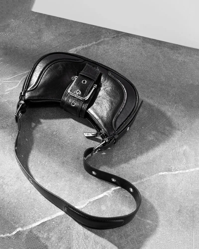 Buckle Leather Baguette Shoulder Bag