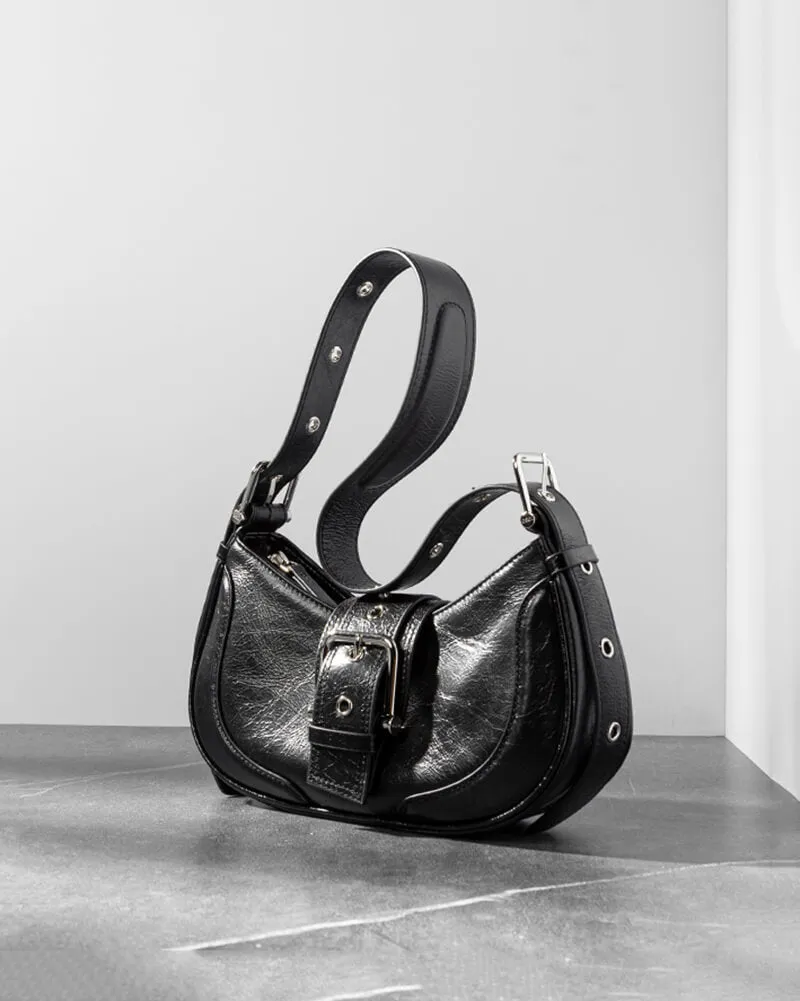 Buckle Leather Baguette Shoulder Bag