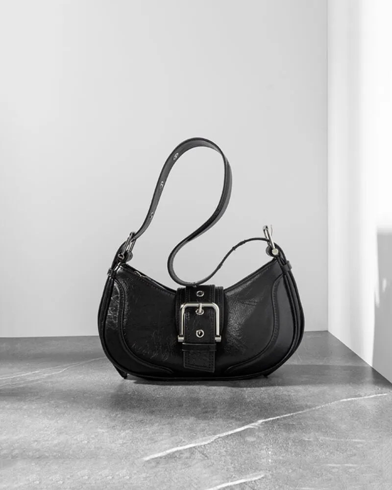 Buckle Leather Baguette Shoulder Bag