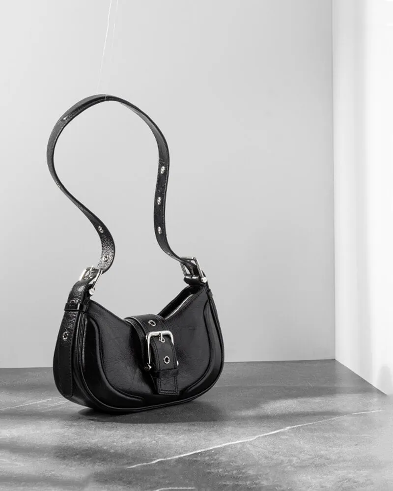 Buckle Leather Baguette Shoulder Bag