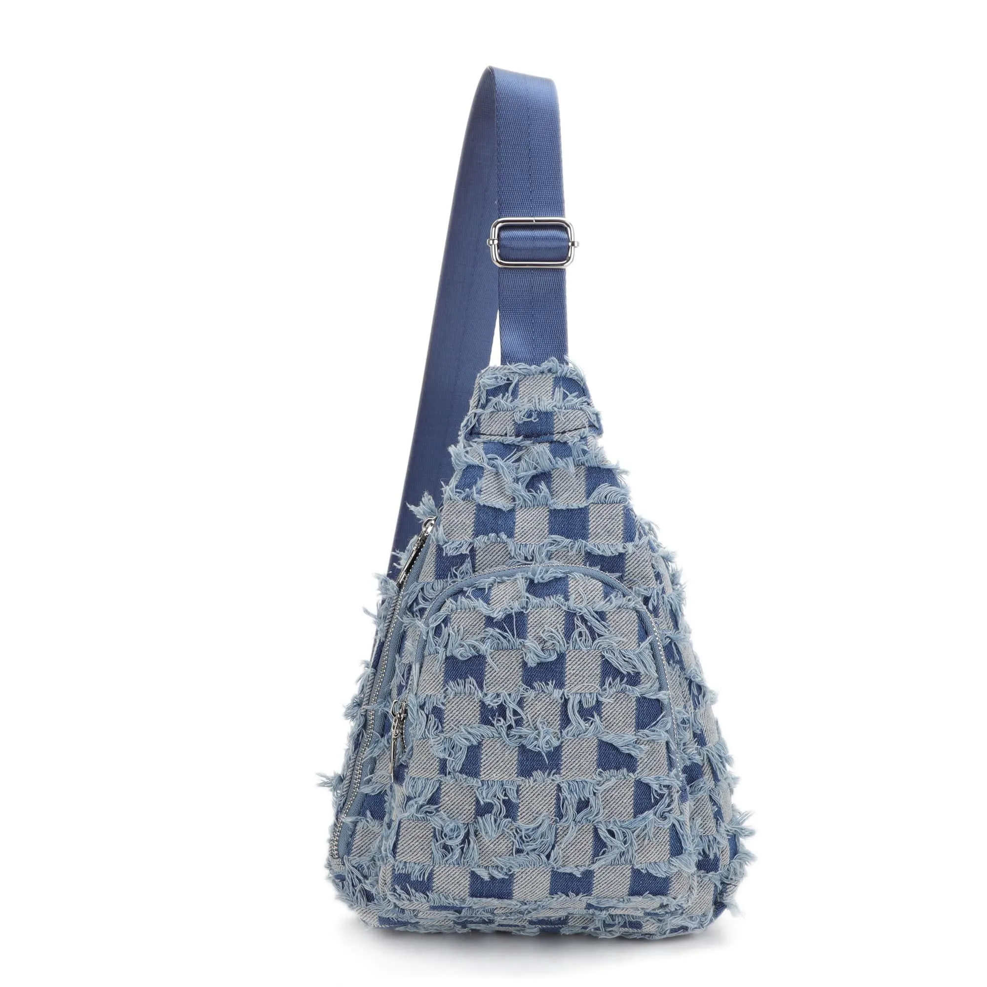 DM20559 Mikayla Frayed Checker Denim Sling Bag