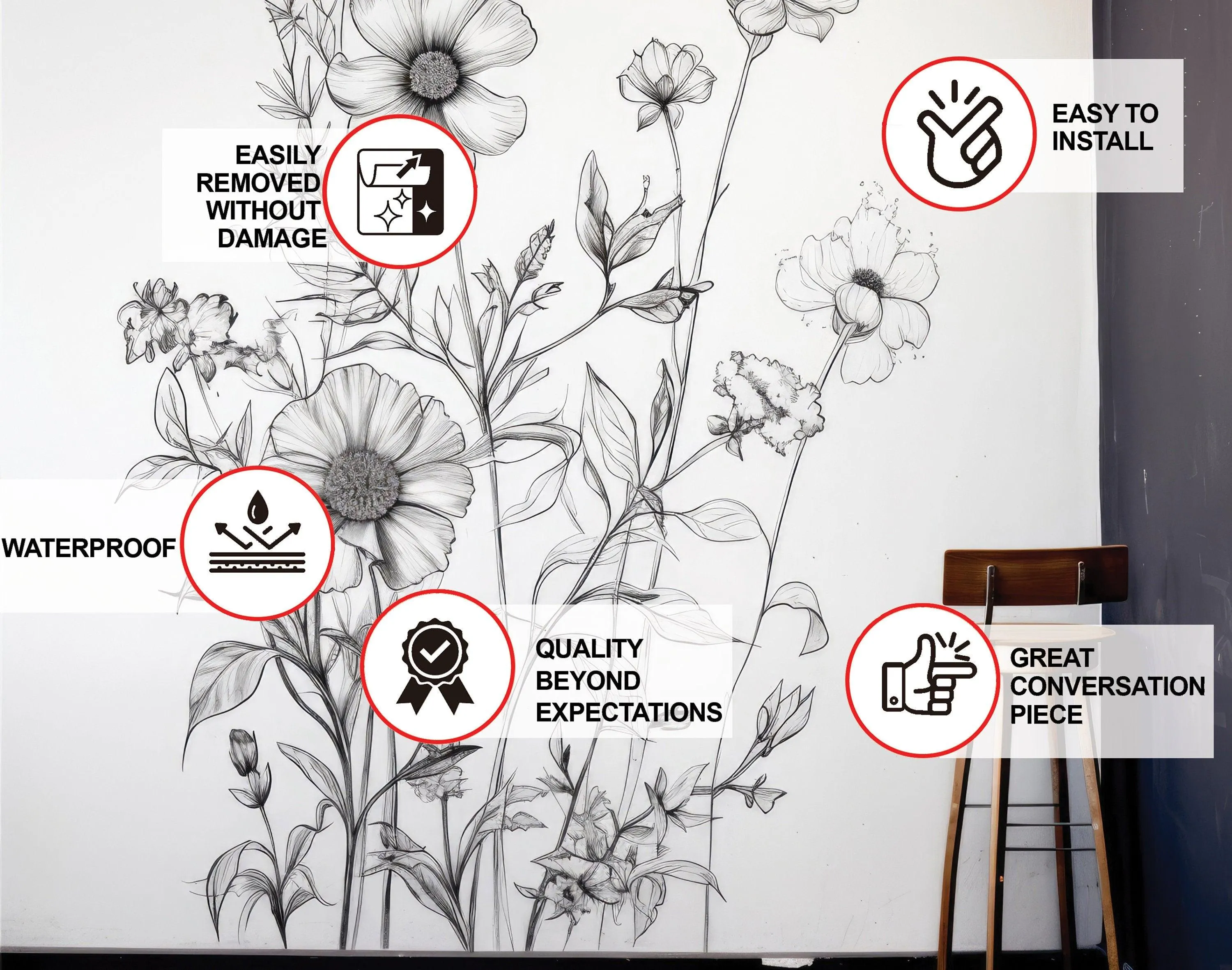 Elegant Monochrome Botanical Wall Sticker - Black Detailed Floral and Foliage Illustration Decal for Sophisticated Decor