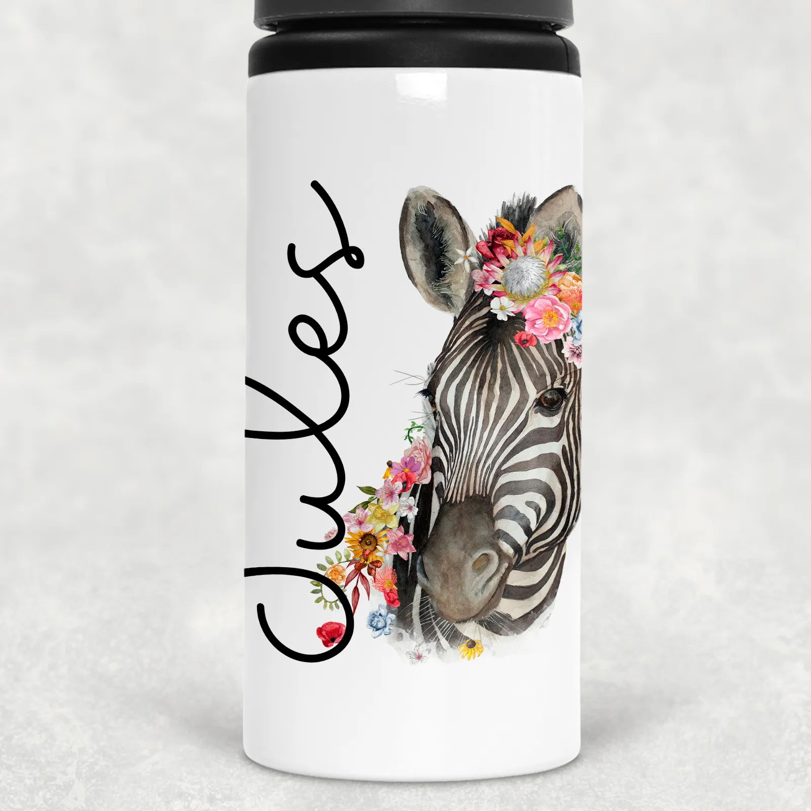 Floral Zebra Personalised Aluminium Straw Water Bottle 650ml