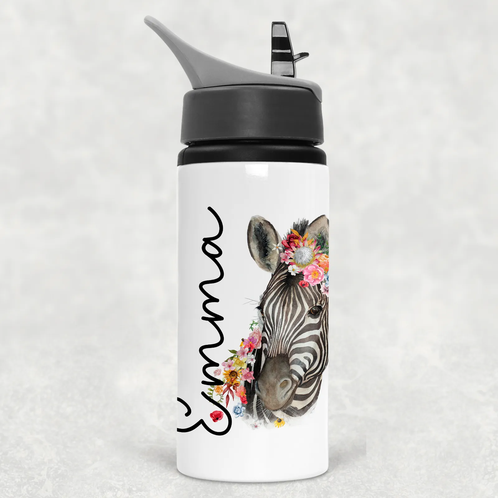 Floral Zebra Personalised Aluminium Straw Water Bottle 650ml