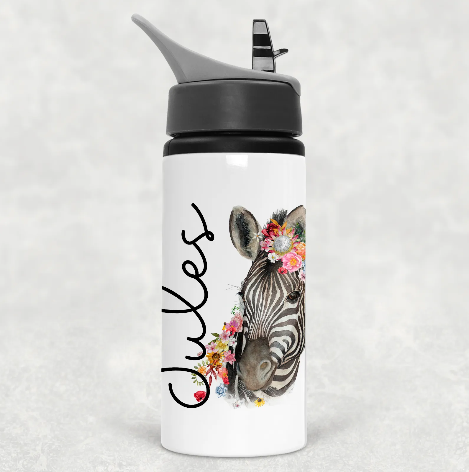 Floral Zebra Personalised Aluminium Straw Water Bottle 650ml