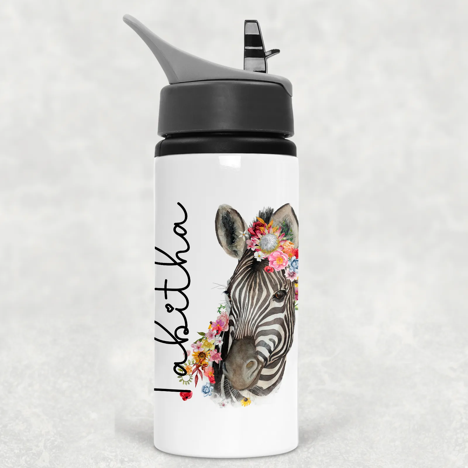 Floral Zebra Personalised Aluminium Straw Water Bottle 650ml