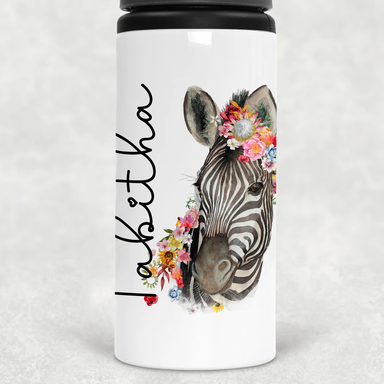 Floral Zebra Personalised Aluminium Straw Water Bottle 650ml