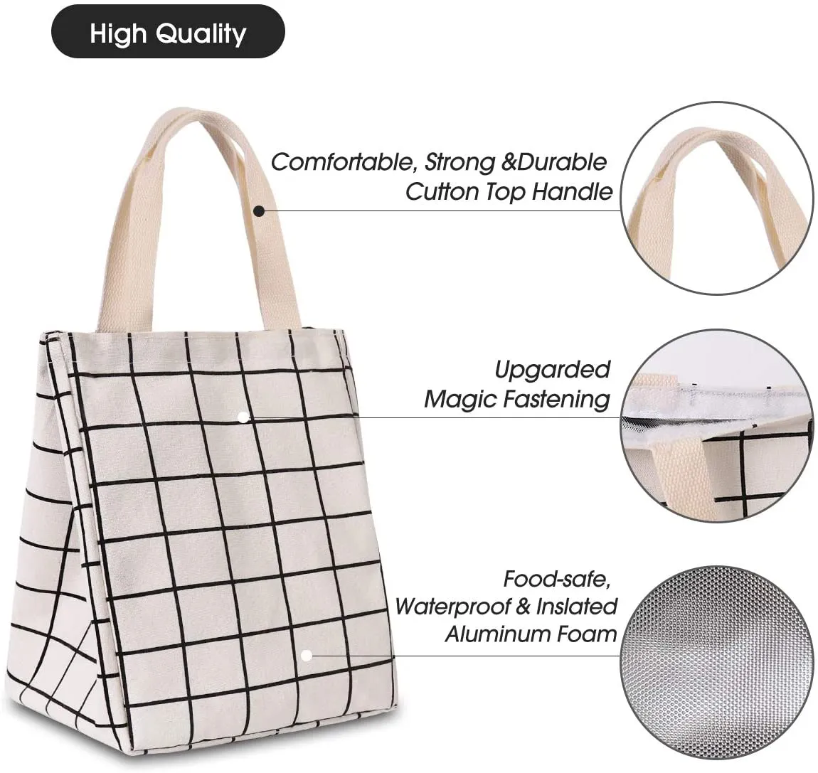 HOMESPON Reusable Lunch Bag Insulated Lunch Box Canvas Fabric with Aluminum Foil, Lunch Tote Handbag for Women,Men,School, Office