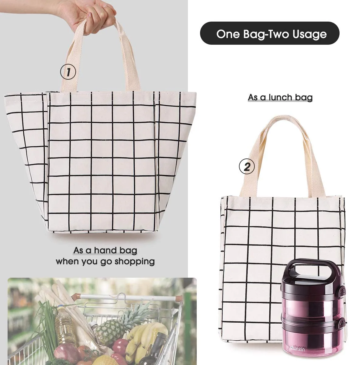 HOMESPON Reusable Lunch Bag Insulated Lunch Box Canvas Fabric with Aluminum Foil, Lunch Tote Handbag for Women,Men,School, Office