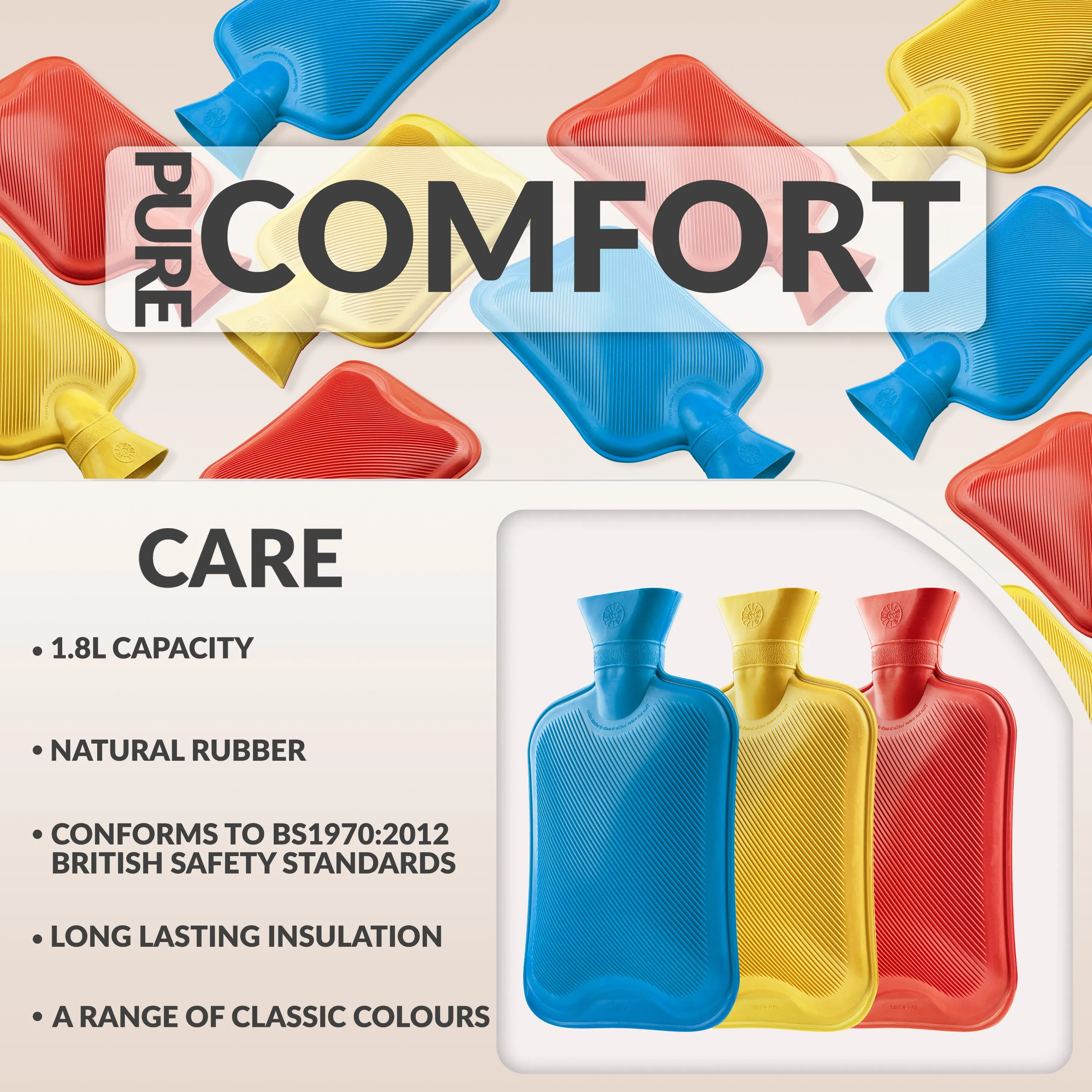 Hot Water Bottle Large 1.8L Rubber Hot Water Bag - Blue/Red/Yellow, 3 Pack