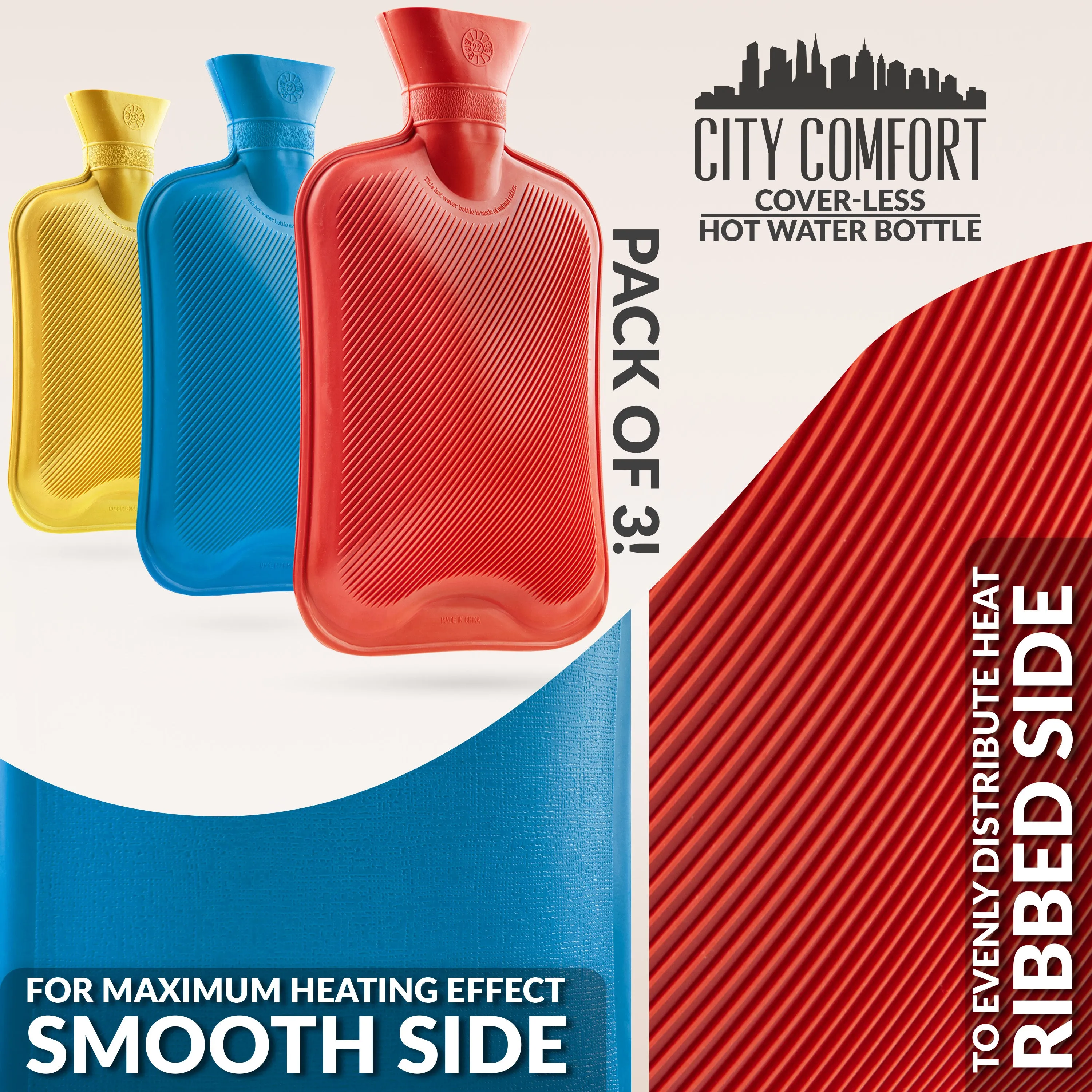 Hot Water Bottle Large 1.8L Rubber Hot Water Bag - Blue/Red/Yellow, 3 Pack