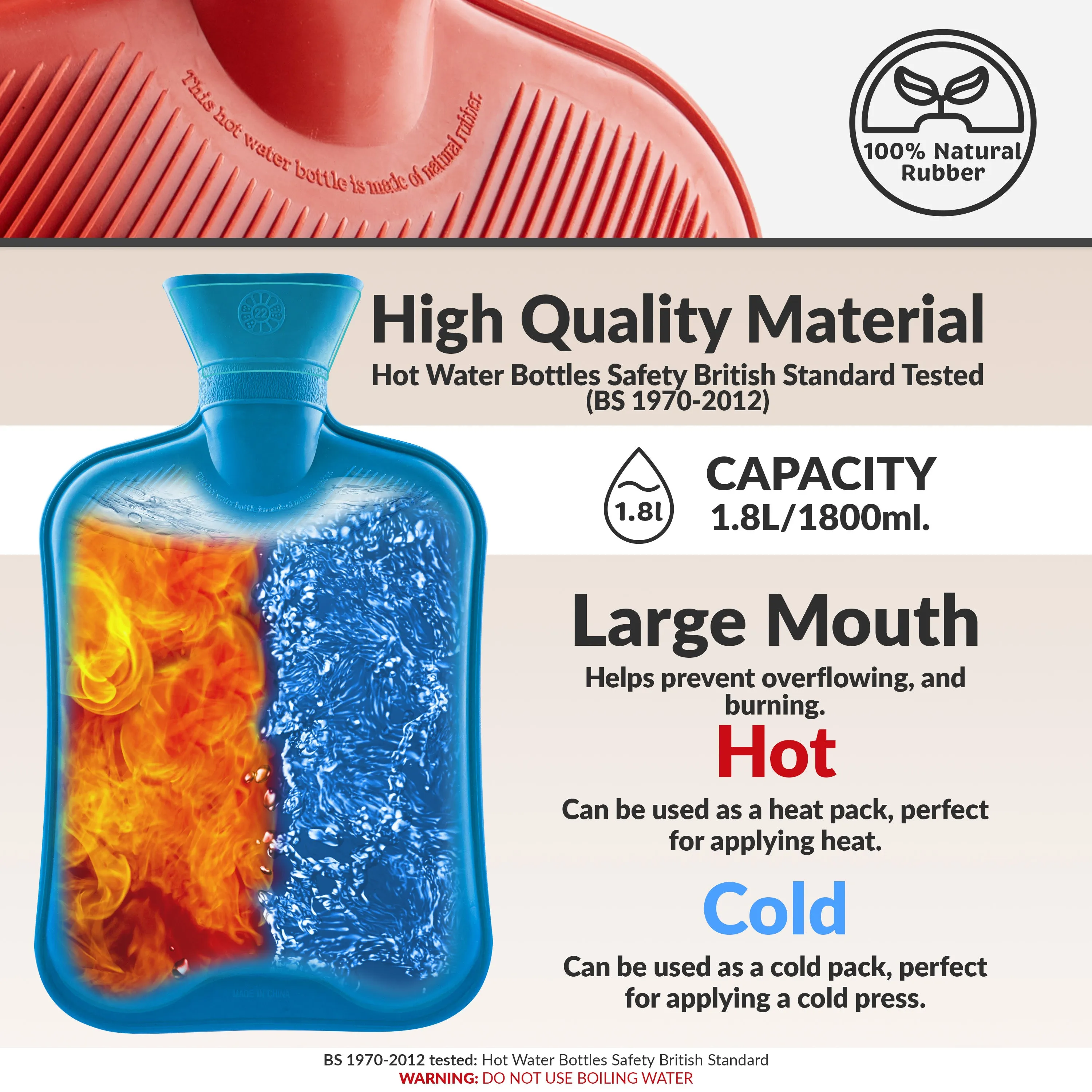 Hot Water Bottle Large 1.8L Rubber Hot Water Bag - Blue/Red/Yellow, 3 Pack