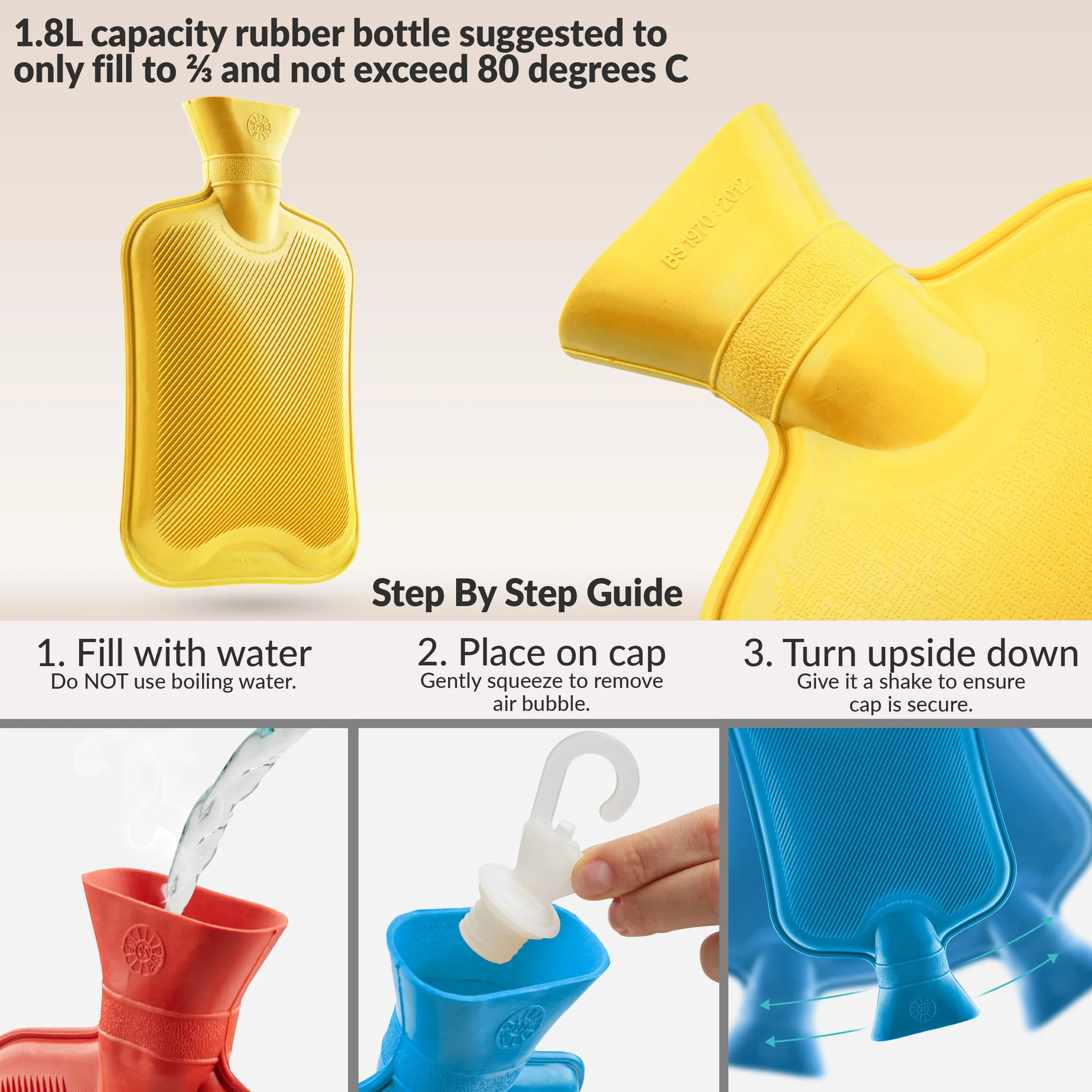 Hot Water Bottle Large 1.8L Rubber Hot Water Bag - Blue/Red/Yellow, 3 Pack