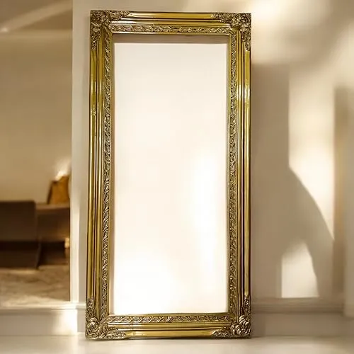 IQQU CRAFTS Wooden Wall Mirror for Bedroom | Wooden Mirror Frame with Carving | Wooden Antique| Wooden Panel | Natural Wood's | Rectangular, Horizontal and Vertical Mirror-(Golden).