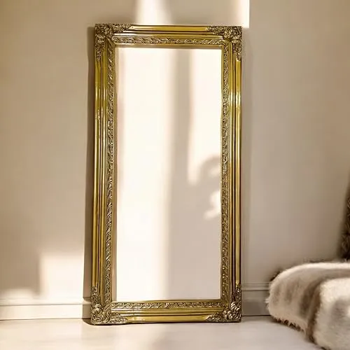 IQQU CRAFTS Wooden Wall Mirror for Bedroom | Wooden Mirror Frame with Carving | Wooden Antique| Wooden Panel | Natural Wood's | Rectangular, Horizontal and Vertical Mirror-(Golden).