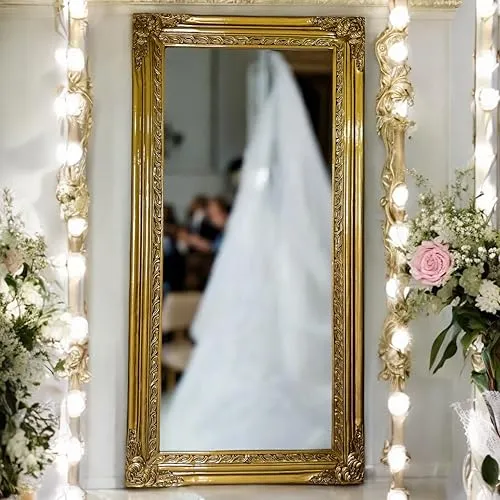 IQQU CRAFTS Wooden Wall Mirror for Bedroom | Wooden Mirror Frame with Carving | Wooden Antique| Wooden Panel | Natural Wood's | Rectangular, Horizontal and Vertical Mirror-(Golden).