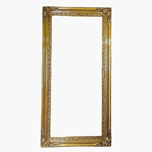 IQQU CRAFTS Wooden Wall Mirror for Bedroom | Wooden Mirror Frame with Carving | Wooden Antique| Wooden Panel | Natural Wood's | Rectangular, Horizontal and Vertical Mirror-(Golden).