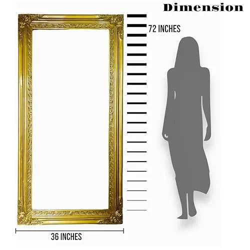 IQQU CRAFTS Wooden Wall Mirror for Bedroom | Wooden Mirror Frame with Carving | Wooden Antique| Wooden Panel | Natural Wood's | Rectangular, Horizontal and Vertical Mirror-(Golden).