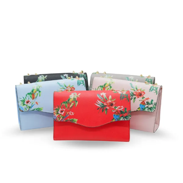 IVANHOE - Addison Road Red Leather Clutch Bag with Tropical Print