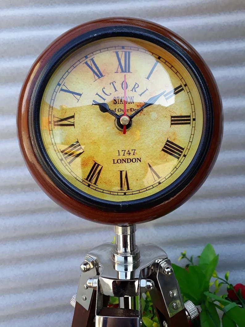 K.K Handicraft Wooden Victoria Table Clock with Adjustable Wooden Tripod Stand (Brown)