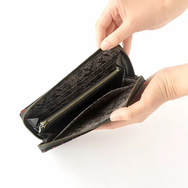 Koshu Inden Japanese Deerskin Leather with Urushi (Japanese Lacquer) U-Zip Long Wallet - Cherry Blossom / Gray-Black - ,  Made in Japan,  Japanese Leather Wallet