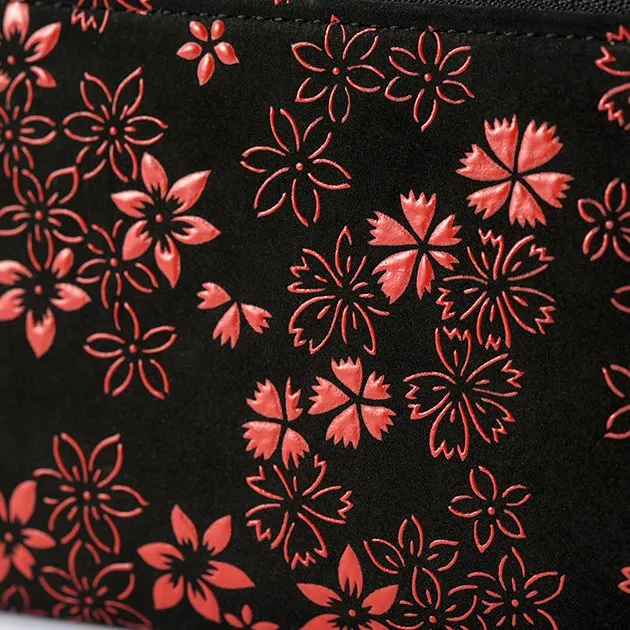 Koshu Inden Japanese Deerskin Leather with Urushi (Japanese Lacquer) U-Zip Long Wallet - Cherry Blossom / Gray-Black - ,  Made in Japan,  Japanese Leather Wallet