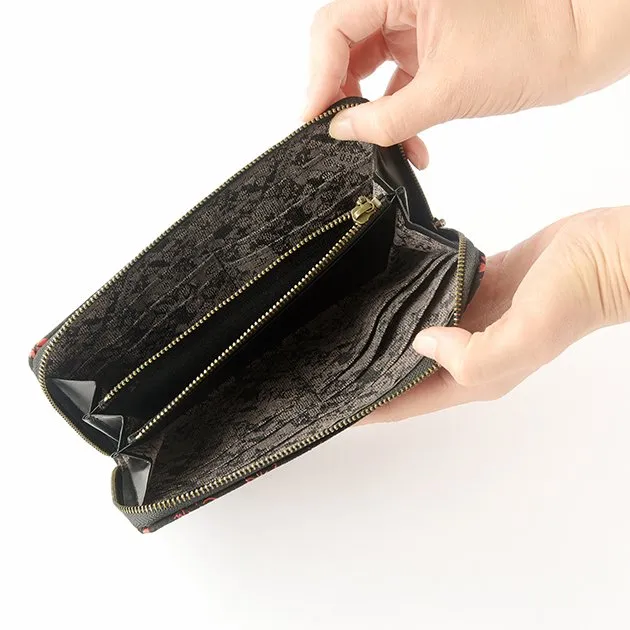 Koshu Inden Japanese Deerskin Leather with Urushi (Japanese Lacquer) U-Zip Long Wallet - Cherry Blossom / Gray-Black - ,  Made in Japan,  Japanese Leather Wallet