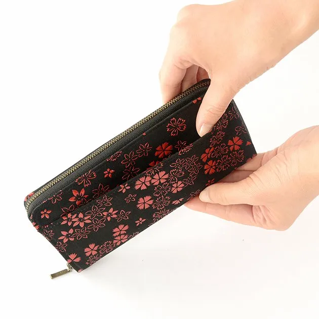 Koshu Inden Japanese Deerskin Leather with Urushi (Japanese Lacquer) U-Zip Long Wallet - Cherry Blossom / Gray-Black - ,  Made in Japan,  Japanese Leather Wallet