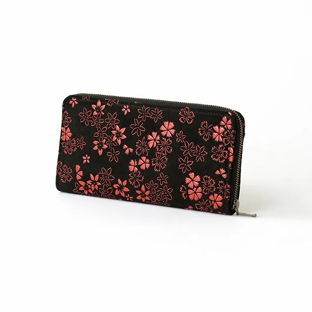 Koshu Inden Japanese Deerskin Leather with Urushi (Japanese Lacquer) U-Zip Long Wallet - Cherry Blossom / Gray-Black - ,  Made in Japan,  Japanese Leather Wallet
