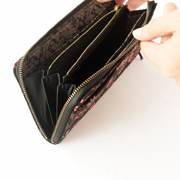 Koshu Inden Japanese Deerskin Leather with Urushi (Japanese Lacquer) U-Zip Long Wallet - Cherry Blossom / Gray-Black - ,  Made in Japan,  Japanese Leather Wallet