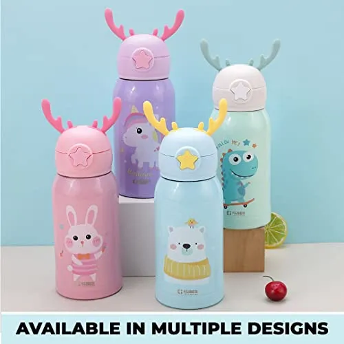 Kuber Industries Sipper Water Bottle for Kids, Vacuum Insulated Stainless Steel Flask with Straw, Cup & Holder Bag, Double Walled Flask, Leak Proof, BPA Free, Unicorn Design, 500 ml (Pack of 1)