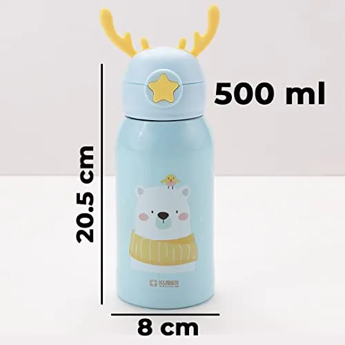 Kuber Industries Sipper Water Bottle for Kids, Vacuum Insulated Stainless Steel Flask with Straw, Cup & Holder Bag, Double Walled Flask, Leak Proof, BPA Free, Unicorn Design, 500 ml (Pack of 1)