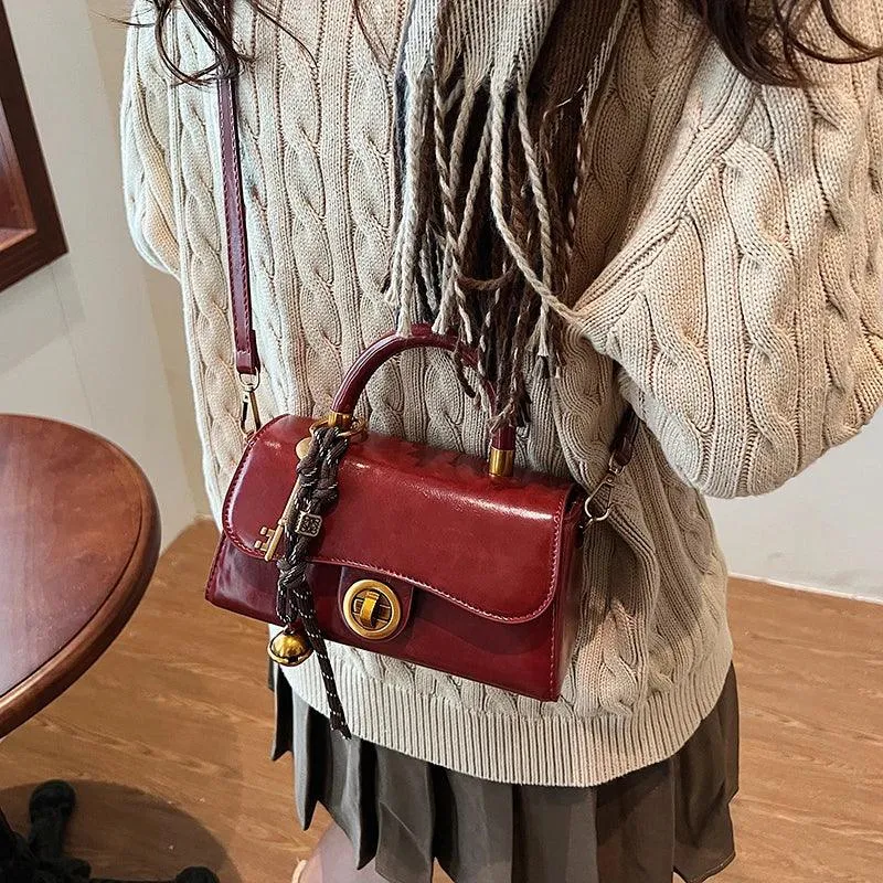 Medium Tote Bag Leather Flap Turn Lock Top Handle Women Crossbody with Accessory