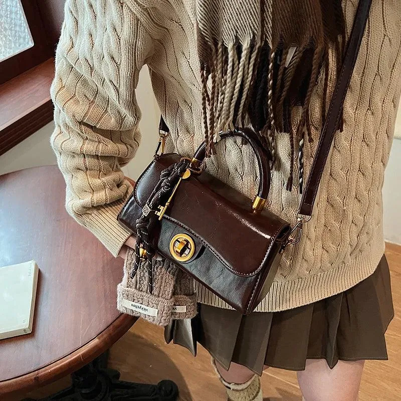 Medium Tote Bag Leather Flap Turn Lock Top Handle Women Crossbody with Accessory