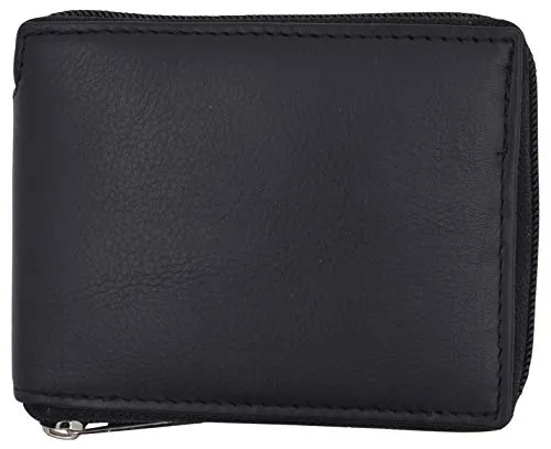 Mens RFID Blocking Zip Around Wallet Cowhide Leather Zipper ID Flap Bifold with Gift Box
