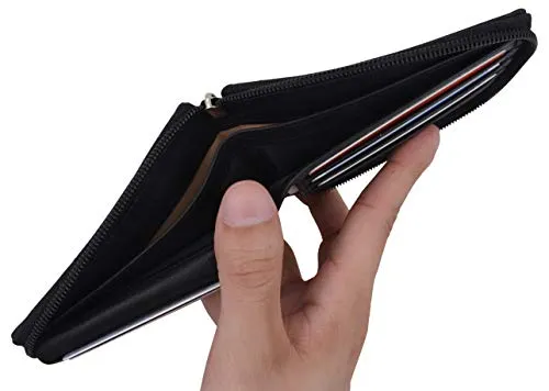 Mens RFID Blocking Zip Around Wallet Cowhide Leather Zipper ID Flap Bifold with Gift Box