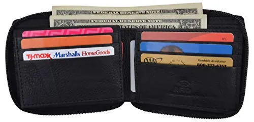 Mens RFID Blocking Zip Around Wallet Cowhide Leather Zipper ID Flap Bifold with Gift Box