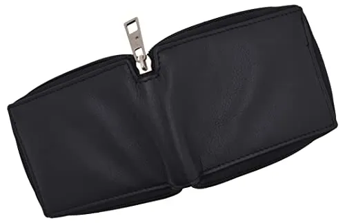 Mens RFID Blocking Zip Around Wallet Cowhide Leather Zipper ID Flap Bifold with Gift Box